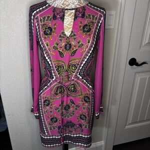 BCBG Max Azria Dress "FREYA" Pink Paisley Sz S Long Sleeve Short Party Dress